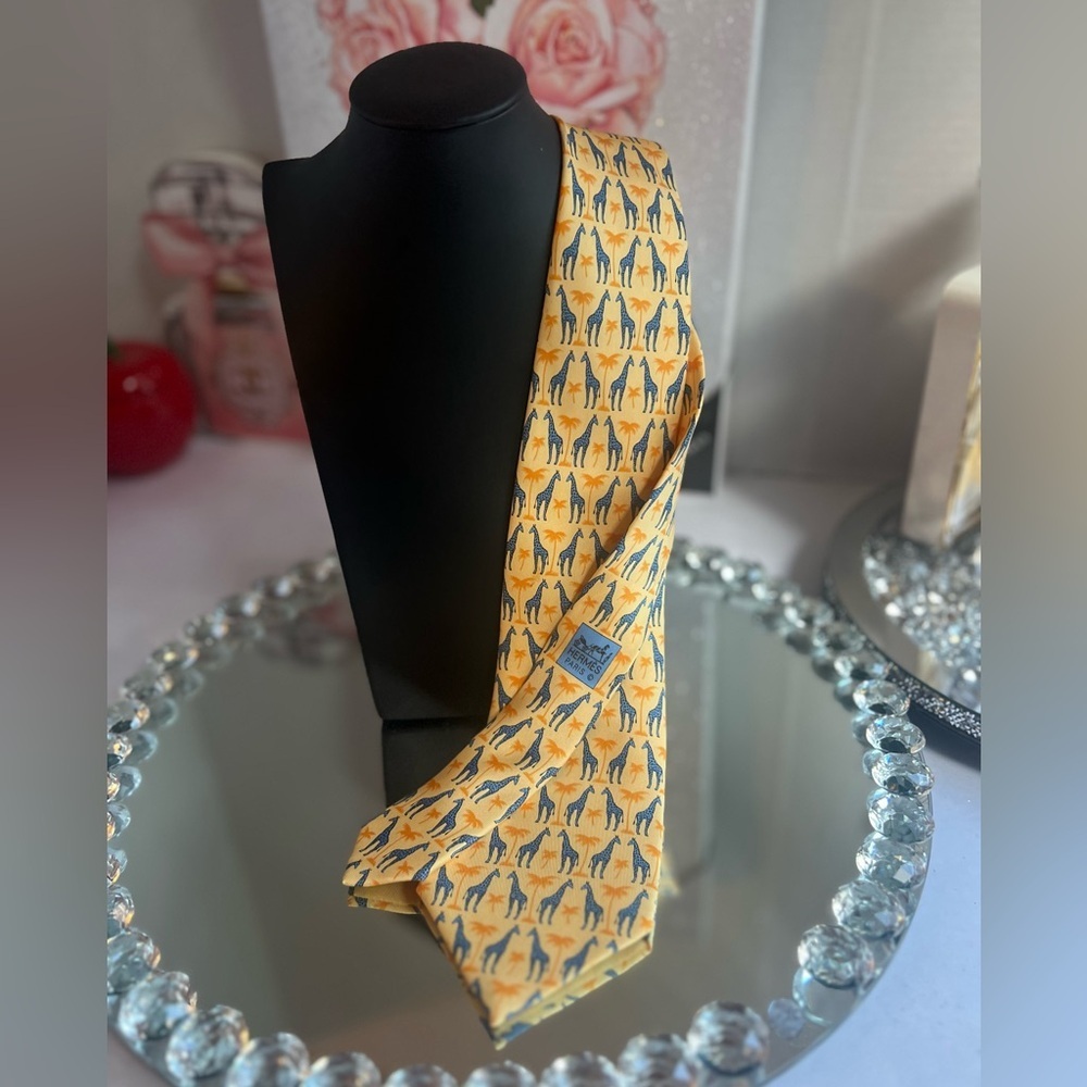 Hermes yellow and Blue Giraffe Silk Tie